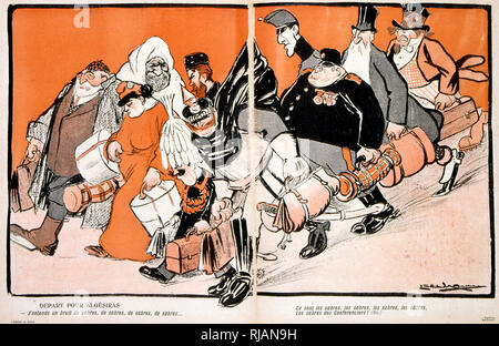 French cartoon depicting events surrounding diplomatic efforts to convene the Algeciras Conference of 1906 took place in Algeciras, Spain, and lasted from 16 January to 7 April. The purpose of the conference was to find a solution to the First Moroccan Crisis of 1905 between France and Germany, which arose as Germany responded to France's effort to establish a protectorate over the independent state of Morocco Stock Photo