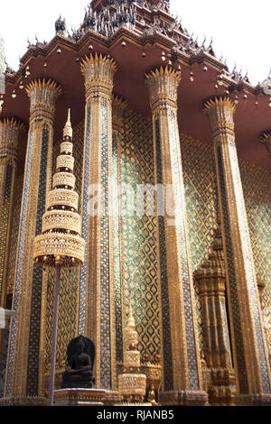 Ornate facade details of Phra Mondop, the library building of Wat Phra Kaew temple within Grand Palace complex in Bangkok, Thailand Stock Photo