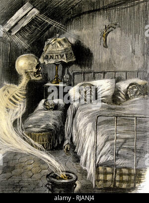 Death stalks a poor family as they sleep in their insanitary room in late 19th century France. French illustration 1890 Stock Photo