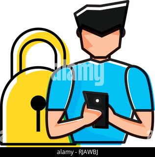 young man using smartphone with padlock vector illustration design Stock Vector