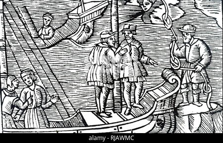 A woodcut engraving depicting mariners buying winds (tied in knots) from a sorcerer. Dated 16th century Stock Photo