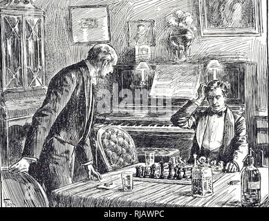 An engraving depicting a friendly game of chess aided by a whisky and soda. Dated 19th century Stock Photo