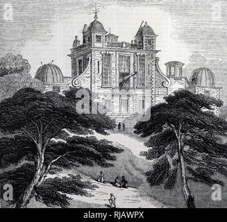 An engraving depicting a view of Flamsteed House, the original part the Royal Observatory, from Greenwich Park. Designed by Sir Christopher Wren (1632-1723) an English anatomist, astronomer, geometer, mathematician-physicist and architect. Dated 19th century Stock Photo