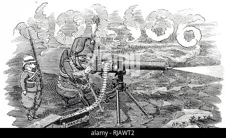 A cartoon depicting a Maxim gun, a weapon invented by Hiram Stevens Maxim in 1884. Sir Hiram Stevens Maxim (1840-1916) an American-born British inventor. Dated 19th century Stock Photo