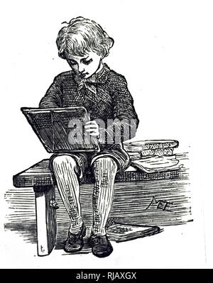 An engraving depicting a small boy writing on a slate. Dated 19th century Stock Photo