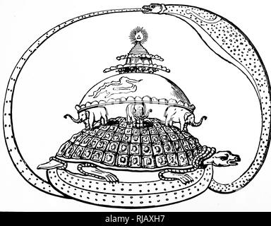 A woodcut engraving depicting the Hindu conception of the universe, showing it encircled by a snake, the symbol of eternity. Mount Meru represents paradise, the earth below it is supported by six elephants, and below this is the infernal region carried by a tortoise resting on the snake. Dated 17th century Stock Photo
