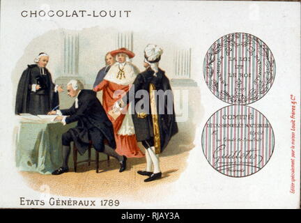Illustration showing the estates general; a general assembly representing the French estates of the realm: the clergy (First Estate), the nobility (Second Estate), and the commoners (Third Estate). Summoned by King Louis XVI, it was brought to an end when the Third Estate formed into a National Assembly, inviting the other two to join, against the wishes of the King. This signals the outbreak of the French Revolution. Stock Photo