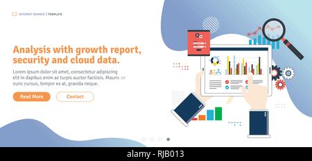 Analysis with growth report, security and cloud computing data. Calculations and graphs of gains on the stock market . Template in flat design for web Stock Vector