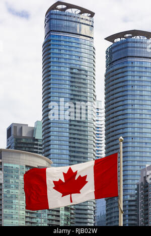 Flagge vor Wolkenkratzern, Toronto, Großstadt im Süden von Kanada, Nordamerika Stock Photo