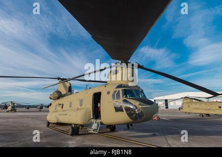 A CH-47 Chinook sits on Hunter Army Airfield prior to a sling load operation, Nov. 6, 2016. Stock Photo