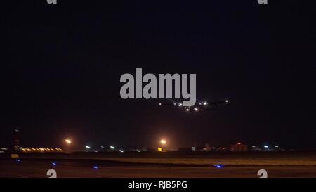 An MC-130J Commando II, assigned to the 67th Special Operations Squadron, takes off for a training mission from RAF Mildenhall, Nov. 3, 2016. The multi-role special operations aircraft primarily flies missions at night to reduce probability of visual acquisition and intercept by airborne threats. Stock Photo