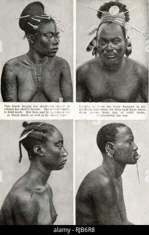 Four people of the Mangbettus (Mangbetu) tribe, Belgian Congo (now Democratic Republic of the Congo), Central Africa.  Showing decorative body scars, ivory hairpins, a nose plug, tooth earrings and a long ivory lip pin. Stock Photo