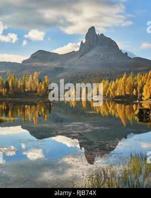 Beco de Mezodi reflected in Lago de Federa, Dolomites, Belluno, Veneto, Italy.  Autumn Stock Photo