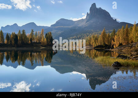 Beco de Mezodi reflected in Lago de Federa, Dolomites, Belluno, Veneto, Italy.  Autumn Stock Photo