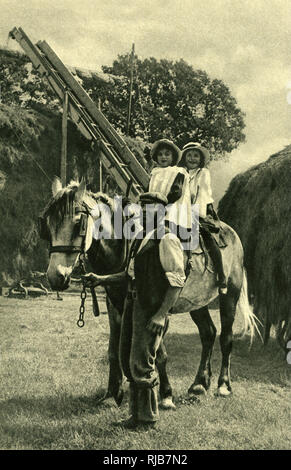 Farmer leading two children on a horse, England Stock Photo