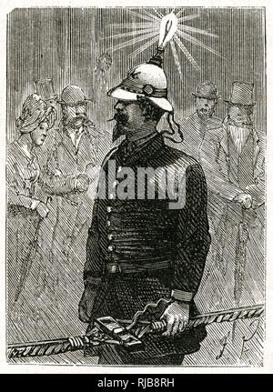 Man wearing Edison's electric lamp on his head, in a grand procession in New York, USA, 31 October 1884. Stock Photo