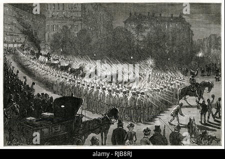 Grand procession with Edison's electric lamps, New York, USA Stock Photo