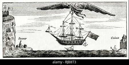 Satirical cartoon, Blanchard flying across the Channel Stock Photo