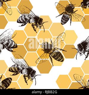 Seamless pattern of hand drawn sketch style bees and honeycombs. Vector illustration. Stock Vector