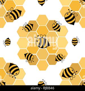 Seamless pattern of hand drawn cartoon style bees with honeycombs. Vector illustration. Stock Vector