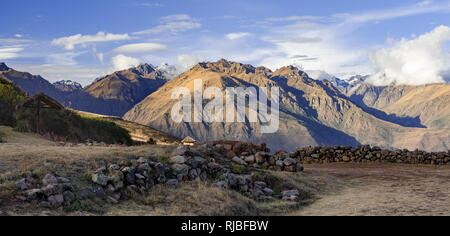 View of the Mountains in the sacred Valley from Moray archaeological site. Cusco district, Peru. Stock Photo