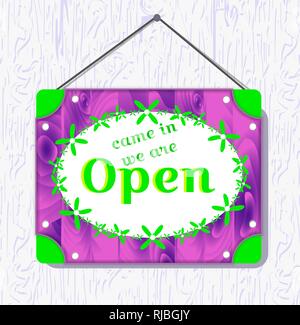 Violet wood and green flower hanging sign with text Come in, we re open . White border box. vector illustration Stock Vector