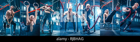 Collage about man with battle rope and woman in the fitness gym. The gym, sport, rope, training, athlete, workout, exercises concept Stock Photo