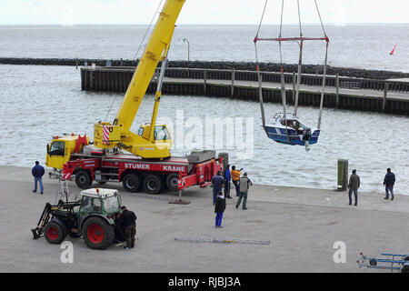 At start of the season will a yacht heaved into the water Stock Photo