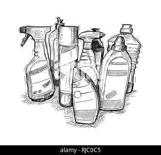 Hand Drawing of Set of House Cleaning Products Stock Photo