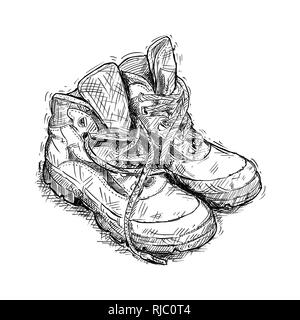 Hand Drawing of Pair of Worn Hiking Boots Stock Photo