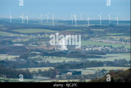 Wind turbines and farmland on a frosty morning near Linlithgow, West Lothian' Stock Photo