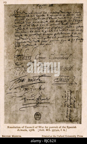 Resolution of Council of War for pursuit of Spanish Armada Stock Photo