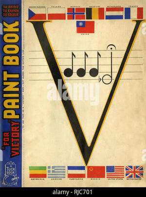 Front cover design, For Victory Paint Book, with Allied flags, a V sign, and the first four notes of Beethoven's Fifth Symphony, used as a propaganda symbol for Victory during the Second World War. Stock Photo