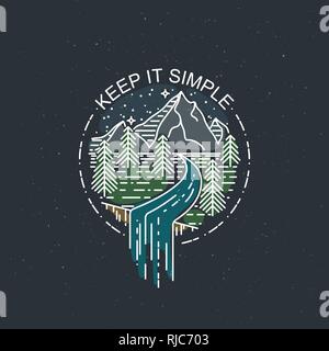 Keep it Simple. Night mountains with waterfall. Nature exploration vector vintage poster. Modern flat linear vector illustration. Retro wildlife postc Stock Vector