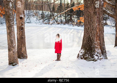 Girl standing in front of a frozen lake in winter, United States Stock Photo