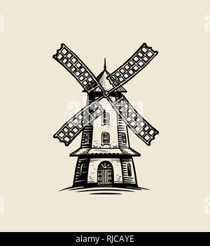 Windmill logo or label. Agriculture, farm, bakery sketch. Vintage vector illustration Stock Vector