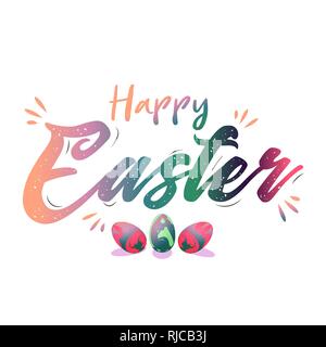 Colorful Happy Easter Hand Drawn Calligraphy with Brush Wettering. Holiday Greeting Card, Invitation,Flyer Design. Stock Vector