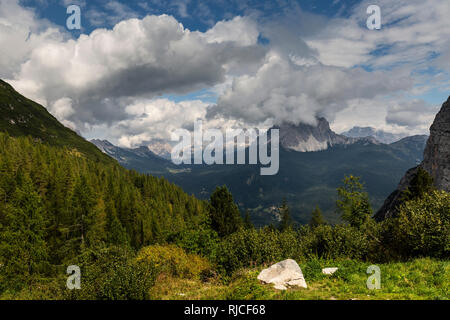 Europe, Italy, Alps, Dolomites, Mountains, View from Lago di Sorapiss - Cadini di Misurina and Tre Cime di Lavaredo Stock Photo