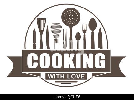 Cooking with love round vector design for your logo or emblem with banner and silhouettes of cooking utensils and kitchenware. Stock Vector