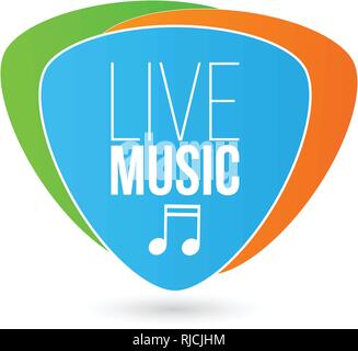 Live Music sign with note on Guitar Pick, colorfull Vector illustration isolated on white background Stock Vector