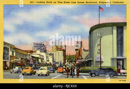 Vine Street (looking north from Sunset Boulevard), Hollywood, Los Angeles, California, USA, the hub of the entertainment world. Stock Photo