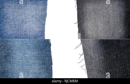 Collection of blue and black jeans fabric textures isolated on white background. Rough uneven edges. Torn jeans fabric with copy space Stock Photo