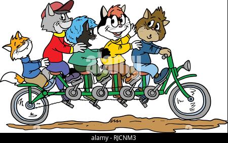 Group of cartoon cats riding a tandem bicycle vector illustration Stock Vector