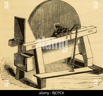 . Charles V. Mapes'. Agricultural machinery. Fig. 148. Clowes' Patent Straw and Barley Fork. Clowes' Patent Straw and Barley Fork, with malleable iron head and wood or steel tines, fastened in the head independent of each other, so that if one is acci- dentally broken it may be easily replaced. Fig. 149 represents a Grindstone in full rig, hung on rollers, and turned by a crank on one side and a treadle on the other. The treadle arrangement is de- signed more particularly for mechanics, for the sharpening of small tools without the aid of a second person to turn, the grinder operating the ston Stock Photo