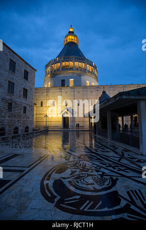 Nazareth, Israel - 17 February 2018: Church (Basilica of the Annunciation) in the center of Nazareth - in the evening just after sun se Stock Photo