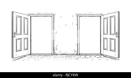 Cartoon Of Two Open Wooden Decision Door Stock Photo Alamy