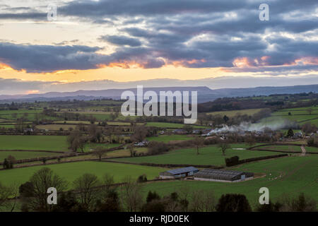 A view across the village of Trellech towards the Black Mointains, Monmouthshire, South Wales. Stock Photo