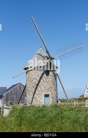 Trouguer windmill made in stones and wood in Cleden Cap Sizun Stock Photo