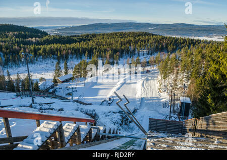 Oslo is surrounded by huge natural recreational area, accessible for free and perfect for all kind of winter freshair activity, eg. ski jumping. On ph Stock Photo
