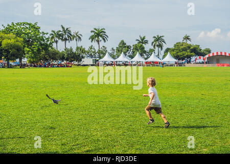 Boy on Padang Kota Lama or simply called The Padang, is the parade ground and playing field created by the British colonials in the civic district of  Stock Photo